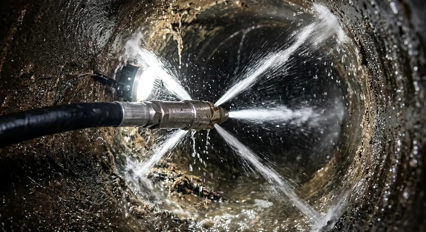 High-pressure hydro jetting nozzle cleaning sewer pipe for Emergency Drain Service in Skidaway Island