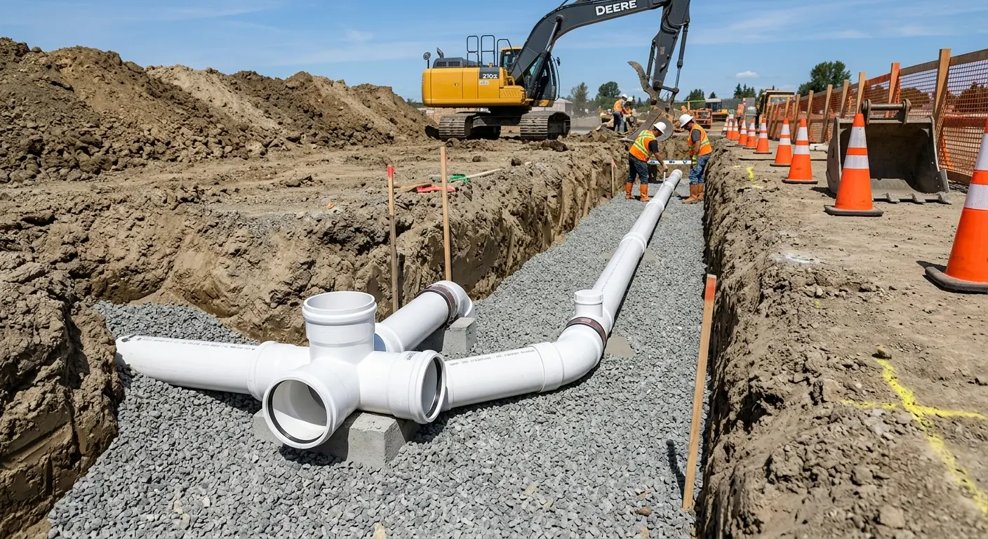 New PVC sewer pipe installation in open trench for Grease Trap Cleaning in Skidaway Island