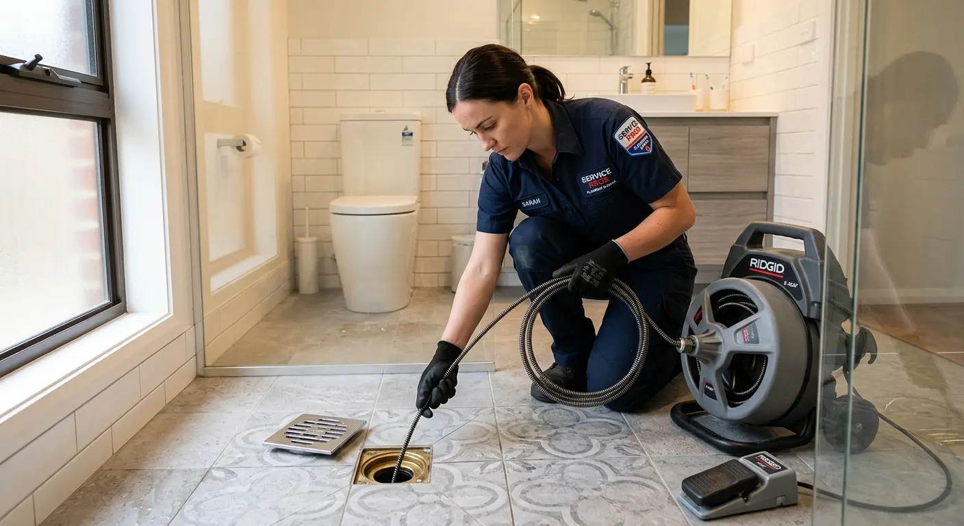 Technician clearing a bathroom floor drain for Sewer Line Replacement in Skidaway Island